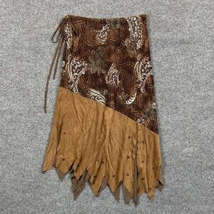 Y2K Brown Suede Burnout Asymmetrical Fairy Whimsy Western Midi Skirt Women’s S